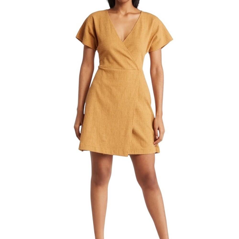 Madewell Cross Front Flutter Sleeve Mini Dress Toffee Mustard Brown V-Neck Large